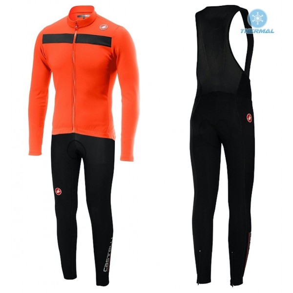 2019 Casteli Puro 3 Orange Thermal Fietskleding Set Wielershirts Lange Mouw+Lange Wielrenbroek Bib 168SXNX