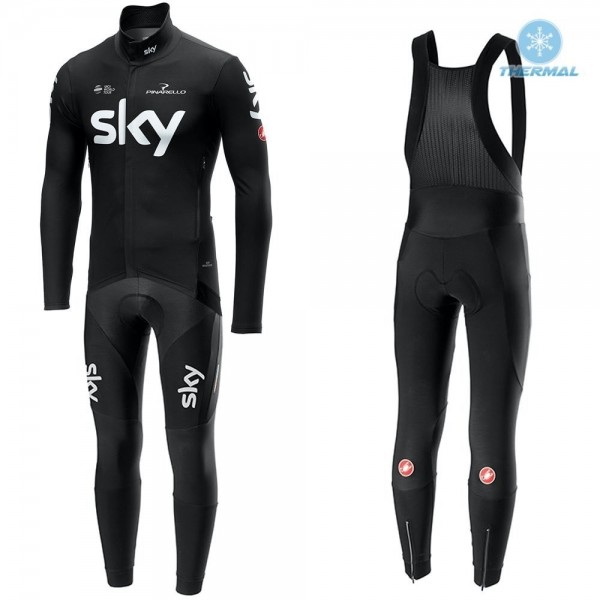 2019 SKY Team Zwart Thermal Fietskleding Set Wielershirts Lange Mouw+Lange Wielrenbroek Bib 114CWNW