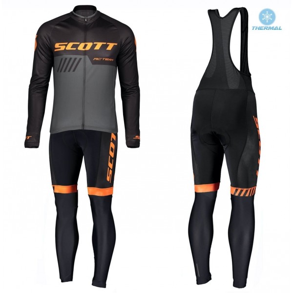 2019 Scott RC Team Zwart-Orange Thermal Fietskleding Set Wielershirts Lange Mouw+Lange Wielrenbroek Bib 541BBCJ