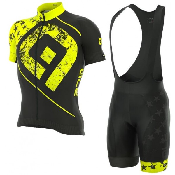 ALE PRR STARS Fluo Geel Wielerkleding Set Wielershirt Korte+Korte Fietsbroeken Bib