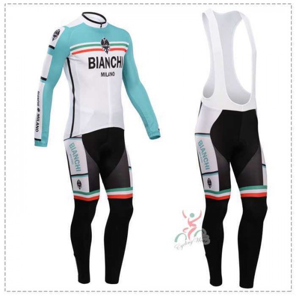 Bianchi 2014 Fietskleding Wielershirt Lange Mouwen+Lange Fietsbroeken Bib Wit Blauw