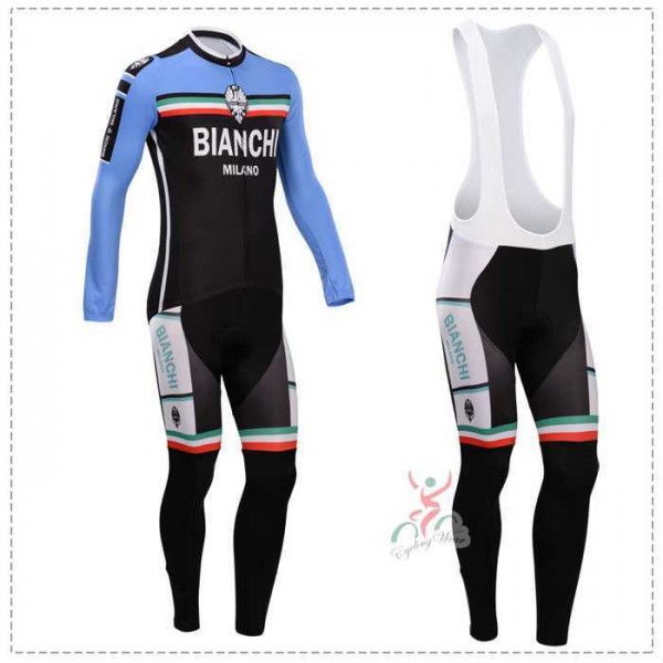 Bianchi 2014 Fietskleding Wielershirt Lange Mouwen+Lange Fietsbroeken Bib Blauw Zwart