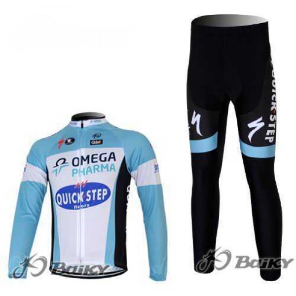 Omega Pharma Quick Step Pro Team Wielerkleding Set Wielershirts Lange Mouw+Lange Fietsbroeken Blauw Wit