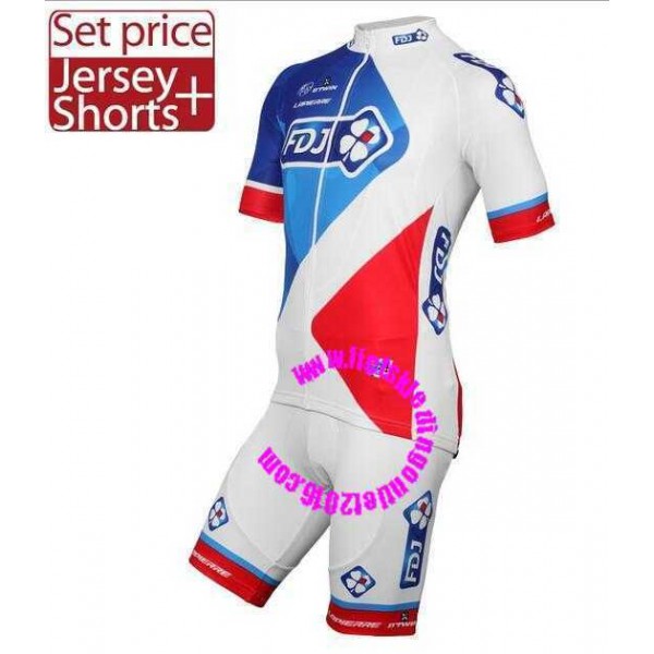 2016 FDJ Fietskleding Set Fietsshirt Met Korte Mouwen+Korte Koersbroek Blanc Set