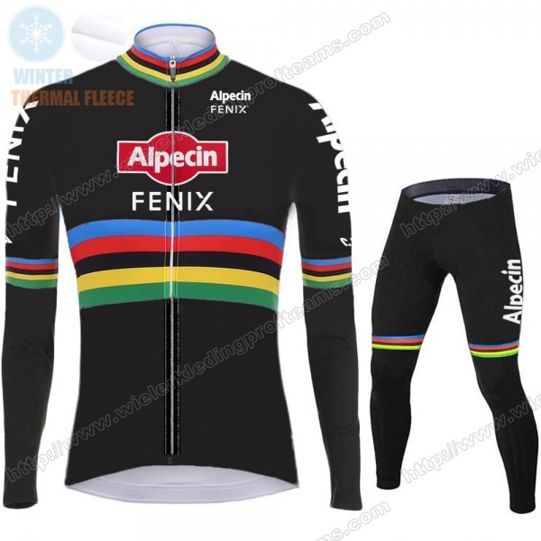 Winter 2021 Alpecin Fenix World Champion Zwart Fietskleding Set Wielershirts Lange Mouw+Lange Wielrenbroek Bib SKELL
