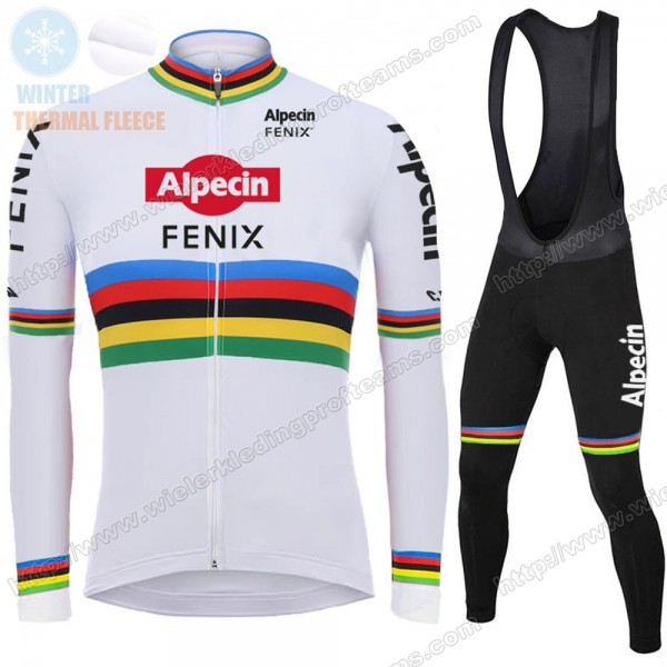 Winter 2021 Alpecin Fenix World Champion Wit Fietskleding Set Wielershirts Lange Mouw+Lange Wielrenbroek Bib KNPEV