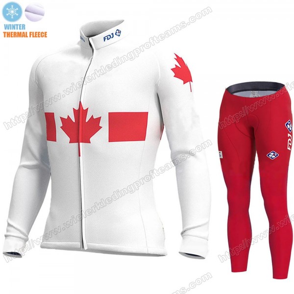 Canada FDJ Winter Thermal Fleece 2020 Fietskleding Set Wielershirts Lange Mouw+Lange Wielrenbroek Bib JQPVV