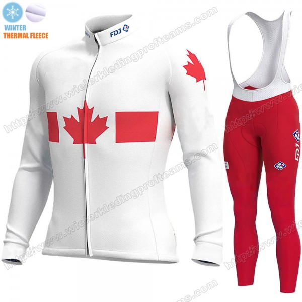 Canada FDJ Winter Thermal Fleece 2020 Fietskleding Set Wielershirts Lange Mouw+Lange Wielrenbroek Bib FNXBX