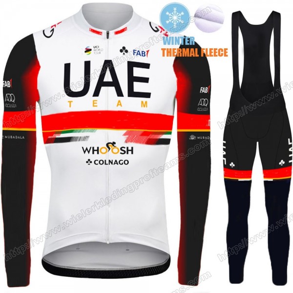 Winter Fleece UAE Emirates Pro Team 2021 Fietskleding Set Wielershirts Lange Mouw+Lange Wielrenbroek Bib QHTAB