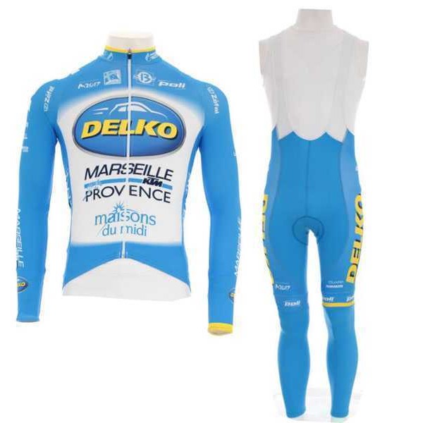 2016 KTM-Delko Marseille Provence Wielerkleding Set Wielershirt Lange Mouw Blauw+Lange Fietsbroeken Bib