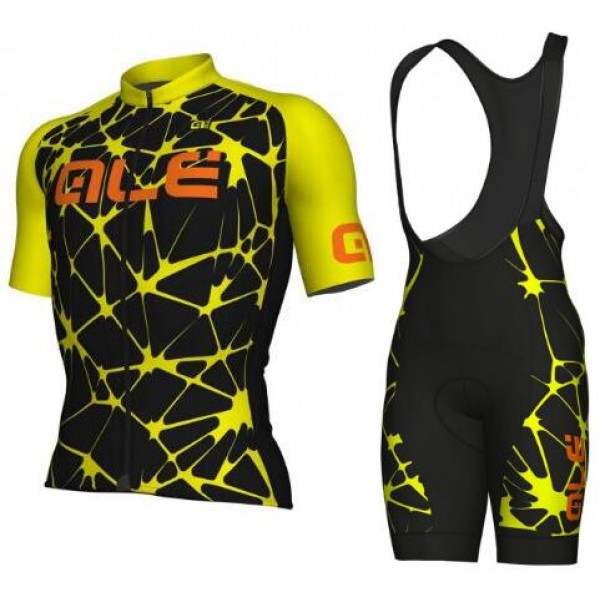 ALE SOLID Cracle Fluo Yellow Fietskleding Set Wielershirt Korte Mouwen+Korte Fietsbroeken Bib