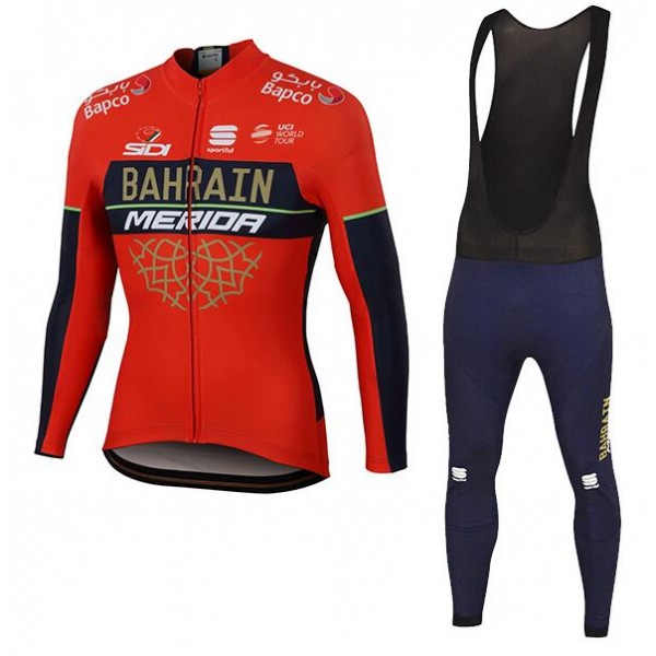 Bahrain Merida 2018 Fietskleding Set Wielershirt Lange Mouw+Lange Fietsbroeken Bib