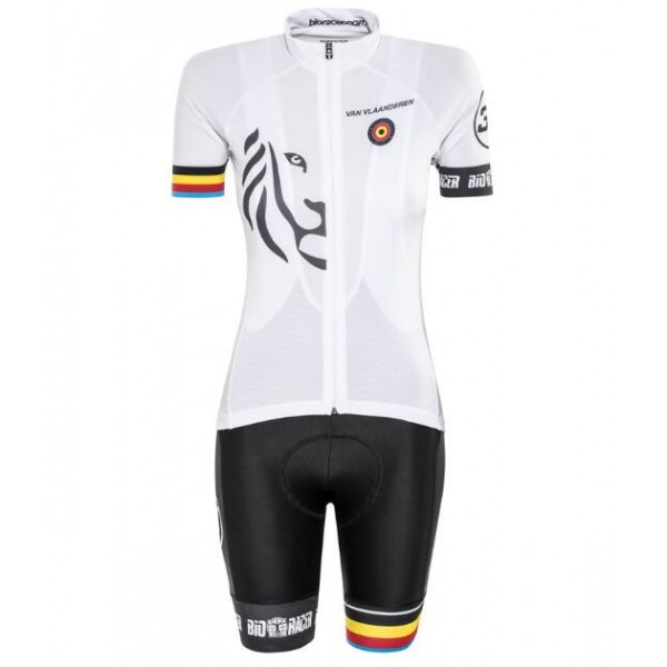 Bioracer Van Vlaanderen Dames Wit Zwart 2018 Fietskleding Set Wielershirt Korte Mouw+Korte Fietsbroeken Bib