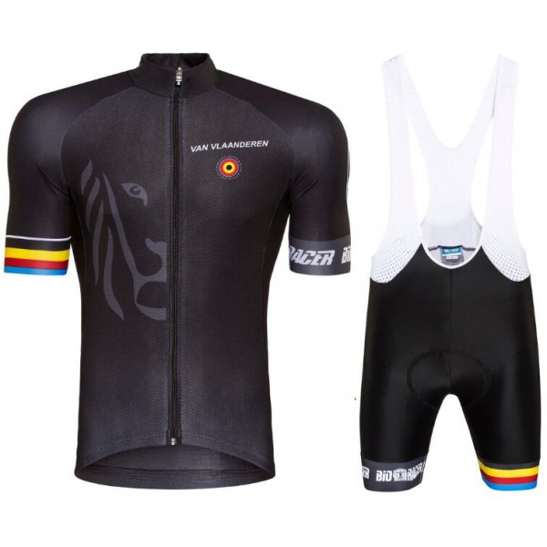 Bioracer Van Vlaanderen Zwart 2018 Fietskleding Set Wielershirt Korte Mouw+Korte Fietsbroeken Bib