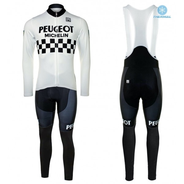 Peugeot Michelin Team Wit Thermal Fietskleding Set Wielershirts Lange Mouw+Lange Wielrenbroek Bib 837AEBQ