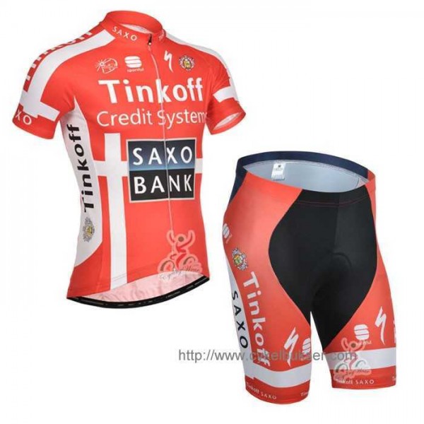 Teams Saxo Tinkoff 2014 Wielerkleding Set Set Wielershirts Korte Mouw+Fietsbroek Rood