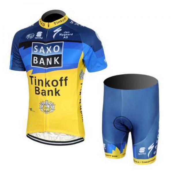 2013 Saxo Bank Tinkoff Pro Team Wielerkleding Set Wielershirts Korte Mouw+Fietsbroekje Blauw Geel