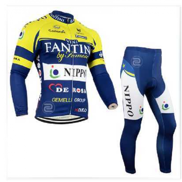 2014 FANTINI Wielerkleding Set Wielershirt Lange Mouw+Lange Fietsbroeken Blauw Geel Wit
